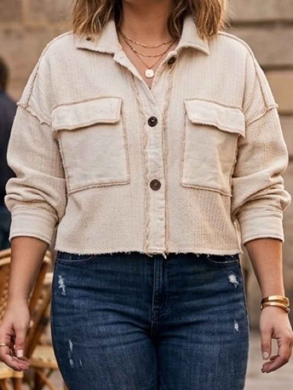 Free People FP One Scout Cropped Jacket Cream Utility Shacket - Size M (EUC)